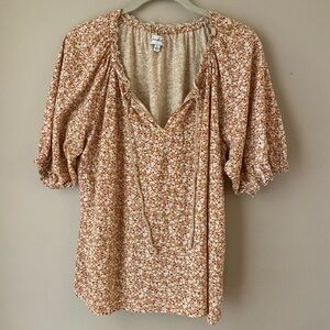 Wonderly Brown and Cream Floral Tie-Neck Peasant Blouse
